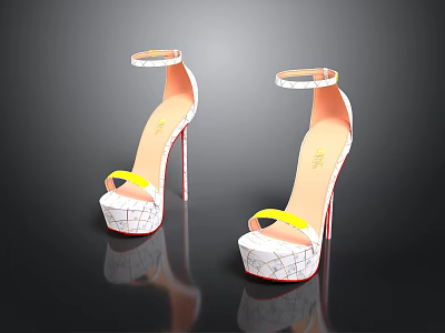 Stylish High Heels Featuring White Cracked Heels Yellow Straps And Orange Soles 3d model