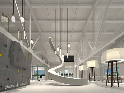 Modern Reception Area With Spiral Staircase Pendant Lights And Open Space Design 3d model