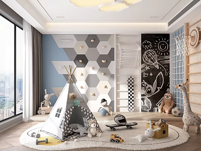 Modern Kids Room With Teepee Toys And Chalkboard Wall 3d model