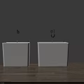 Two White Square Wall Mounted Washbasins With Faucets On Grey Wall Wooden Floor