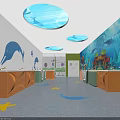 Kids Underwater Theme Swimming Pool Interior With Round Skylights Dolphin Decorations And Colorful Walls
