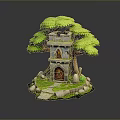 Enchanting Tree Tower Building With Green Foliage Stone Path And Wooden Door