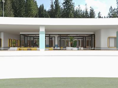Modern Cultural Center Building With Glass Curtain Wall And Surrounding Green Trees 3d model