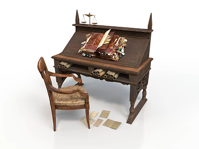 Antique Wooden Desk And Chair With Carved Details Books Balance Scales Scrolls And Upholstered Seat 3d model