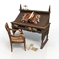 Antique Wooden Desk And Chair With Carved Details Books Balance Scales Scrolls And Upholstered Seat