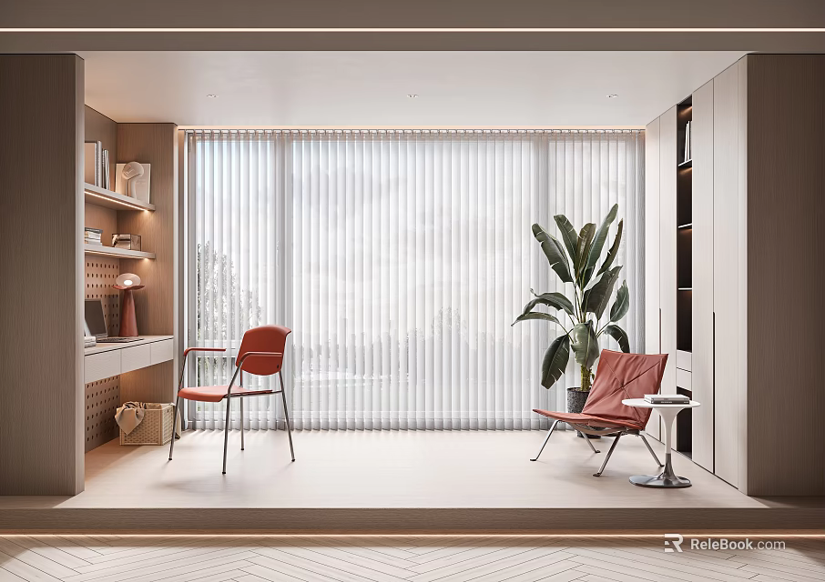 Modern Interior Space With Light Filtering Vertical Striped Curtains Red Chairs Green Plant And Bookshelf 3d model 