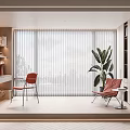Modern Interior Space With Light Filtering Vertical Striped Curtains Red Chairs Green Plant And Bookshelf