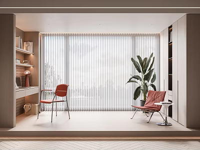 Modern Interior Space With Light Filtering Vertical Striped Curtains Red Chairs Green Plant And Bookshelf 3d model