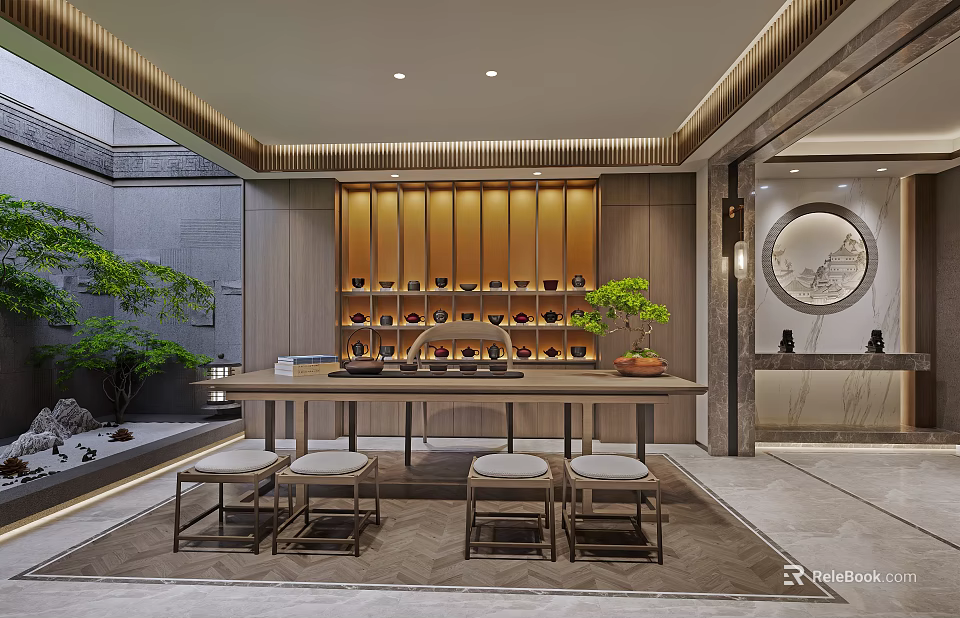 Modern Tea Room Interior With Wooden Shelves Tea Table Stools And Green Plants 3d model 