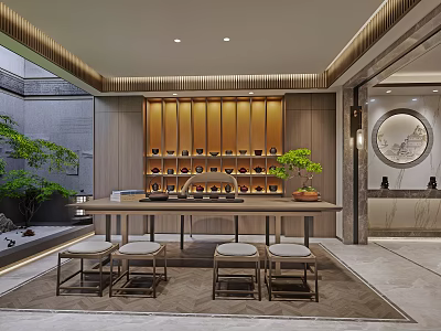 Modern Tea Room Interior With Wooden Shelves Tea Table Stools And Green Plants 3d model
