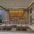 Modern Tea Room Interior With Wooden Shelves Tea Table Stools And Green Plants