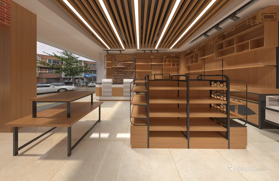 Modern Specialty Store Interior Design With Wooden Shelves Metal Frames And Strip Lights 3d model 
