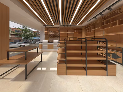 Modern Specialty Store Interior Design With Wooden Shelves Metal Frames And Strip Lights 3d model