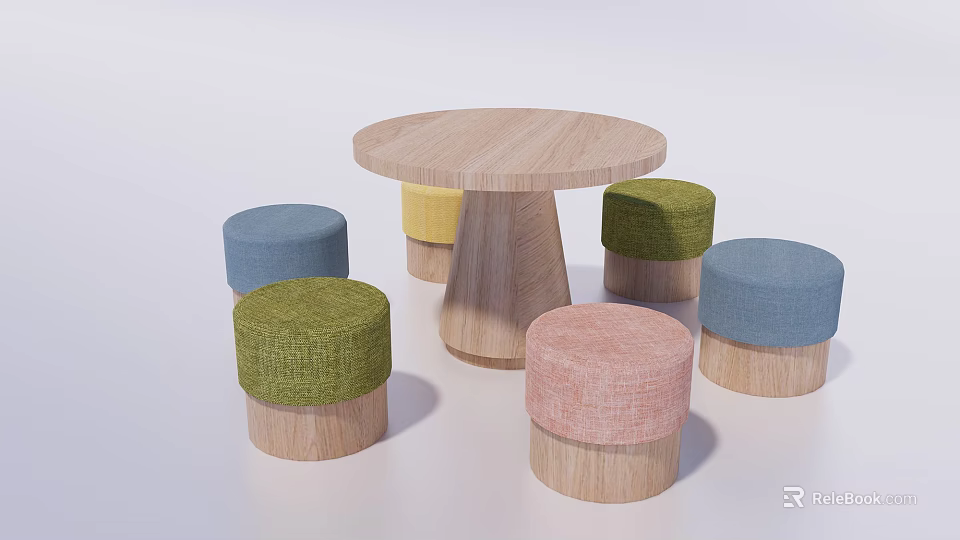 Round Wooden Kids Table With Colorful Soft Padded Stools For Children 3d model 