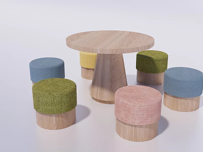 Round Wooden Kids Table With Colorful Soft Padded Stools For Children 3d model