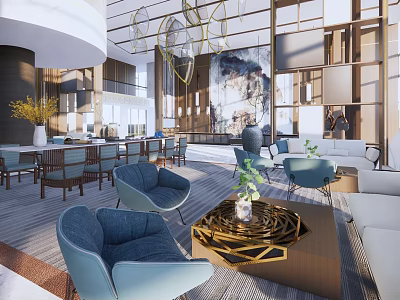 Modern Hotel Lobby Interior With Blue Armchairs Chandelier Decorative Painting And Sofa Seating 3d model