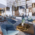 Modern Hotel Lobby Interior With Blue Armchairs Chandelier Decorative Painting And Sofa Seating