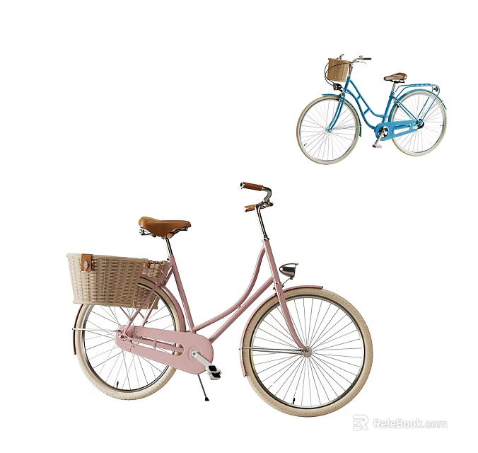 Stylish Pink And Blue Bicycles With Wicker Baskets For Casual Rides 3d model 