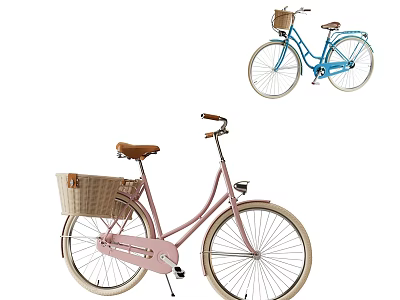 Stylish Pink And Blue Bicycles With Wicker Baskets For Casual Rides 3d model