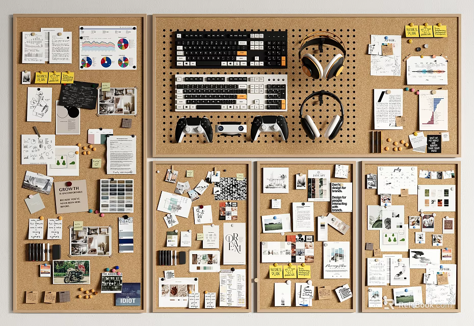 Creative Corkboard Wall Decor for Organizing Notes Photos in Home Office 3d model 