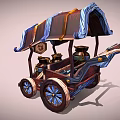 Mythical Style Wooden Mobile Cart With Blue Decorations Ornate Roof And Metal Canisters