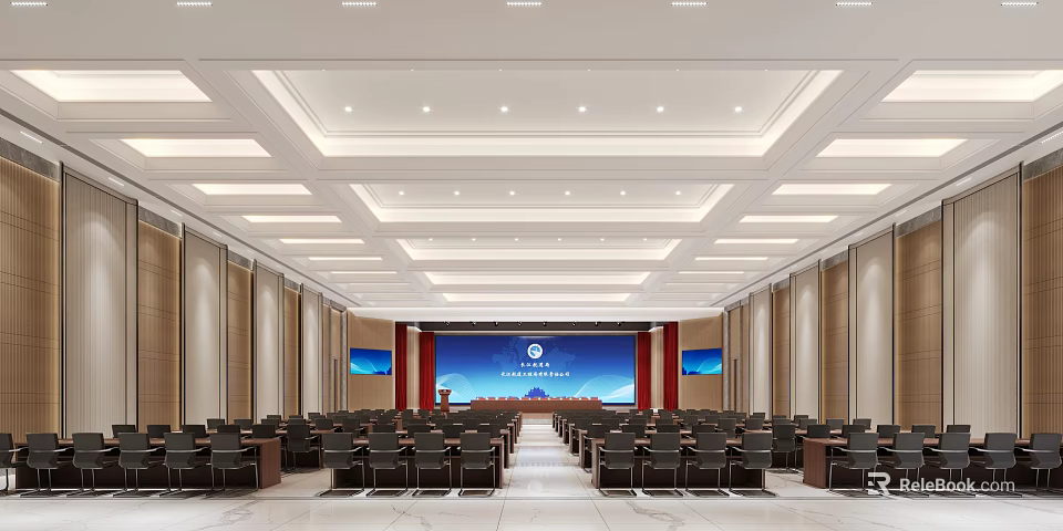 Spacious Modern Conference Room With Bright Lighting Large Screen Podium And Chairs 3d model 
