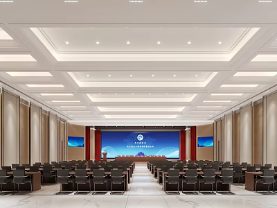 Spacious Modern Conference Room With Bright Lighting Large Screen Podium And Chairs 3d model