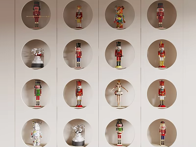 Nutcracker and Character Dolls Displayed on Circular Shelf for Home Decor 3d model