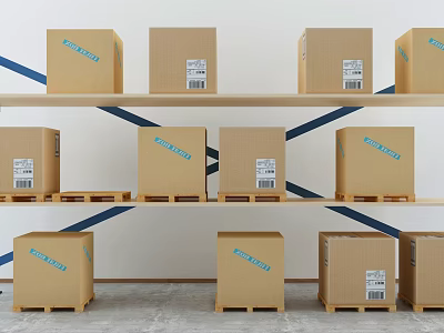 Sturdy Storage Shelves With Stacked Cardboard Boxes And Clear Label Stickers On Multiple Tiers 3d model