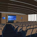 Modern Spacious Conference Room With Rows Of Seats Large Screen And Curved Ceiling Lights