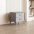 Modern Bedroom Interior With Gray Upholstered Bed Pillows Nightstand Artwork Wooden Floor And Light Rug
