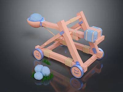 Ancient Wooden Catapult Weapon With Wheeled Structure And Stone Projectiles 3d model