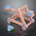 Ancient Wooden Catapult Weapon With Wheeled Structure And Stone Projectiles