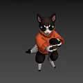 3D Game and Movie Cat Character Wearing Orange Sweater Holding Cup Against Purple Background