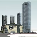 Modern Commercial Complex With Glass Curtain Walls Greenery And High Rise Buildings
