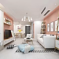 Modern Dining Living Room Interior With Pink Wall Wooden Table Gray Chairs And Pendant Lights