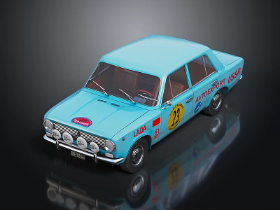 Blue Vintage LADA Race Car Model With Round Headlights And Number 18 Decal And Sponsor Stickers 3d model