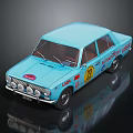 Blue Vintage LADA Race Car Model With Round Headlights And Number 18 Decal And Sponsor Stickers