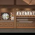 Elegant Traditional Chinese Wooden Tea Shop Front Desk With Built In Display Shelves And Cabinets