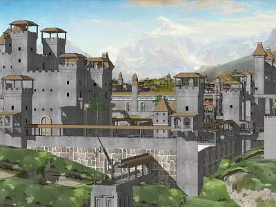Ancient Architecture Historic Castle With Stone Towers Stone Walls Mountain Backdrop And Greenery 3d model