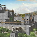 Ancient Architecture Historic Castle With Stone Towers Stone Walls Mountain Backdrop And Greenery