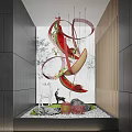 Stylish Indoor Landscape With Red Curved Sculpture Green Plants Pebble Path And Bamboo Leaf Background