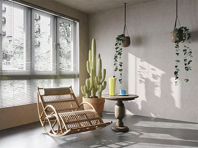 Rattan Wicker Leisure Chair With Cactus Hanging Plants Small Round Table And Window Blinds 3d model