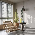Rattan Wicker Leisure Chair With Cactus Hanging Plants Small Round Table And Window Blinds