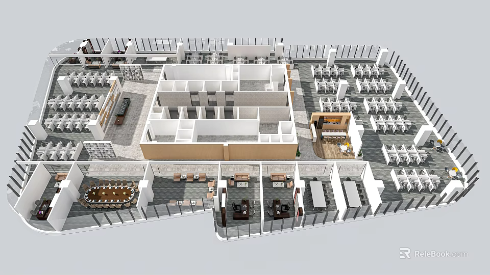 Aerial View Of Modern Interior Layout With Multiple Seating Areas Tables And Functional Zones 3d model 