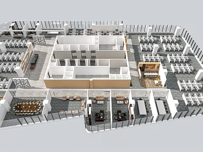 Aerial View Of Modern Interior Layout With Multiple Seating Areas Tables And Functional Zones 3d model