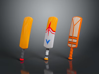Colorful Cricket Bats With Wooden Texture White Red Arrow And Orange Striped Designs 3d model