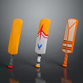 Colorful Cricket Bats With Wooden Texture White Red Arrow And Orange Striped Designs