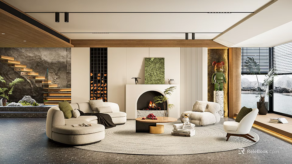 Modern Cozy Living Room With Beige Sofas Round Rug Fireplace Green Artwork And Wooden Accents 3d model 