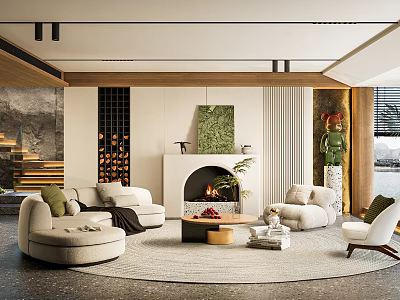 Modern Cozy Living Room With Beige Sofas Round Rug Fireplace Green Artwork And Wooden Accents 3d model